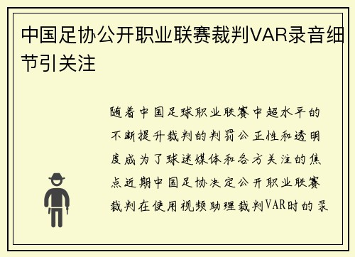 中国足协公开职业联赛裁判VAR录音细节引关注