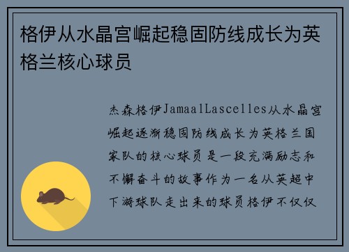 格伊从水晶宫崛起稳固防线成长为英格兰核心球员